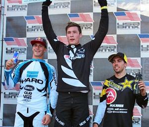 Tauranga's Kurt Pickard on the podium with Americans Corben Sharrah and David Herman after winning the latest round of the USA BMS Nationals Series in Pittsburgh today.